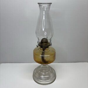 Vintage Eagle Wick Amber Glass Kerosene 18.25" Tall Oil Lamp 1890-1900 + Chimney